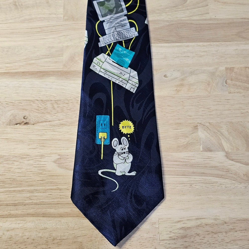 FIRST Men's Tie Navy Blue Classic Length Computer Mouse Pattern Silk